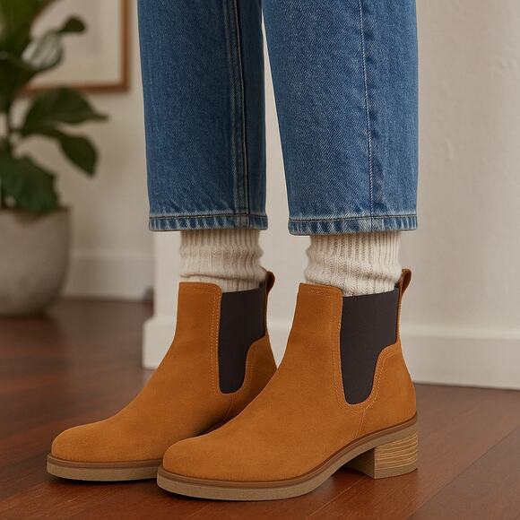 Avellini Suede Chelsea Boots Size 37 or 6.5 Cognac Tan Leather Chunky Heel - Picture 1 of 14